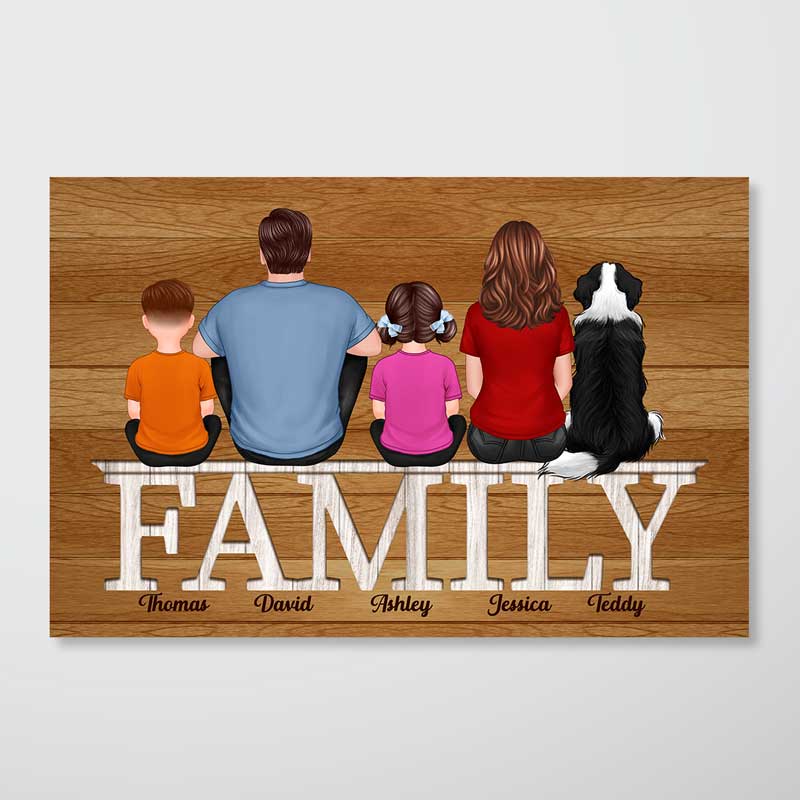 Family Couple Dad Mom Kids Dogs Cats Sitting On Words Personalized Horizontal Poster