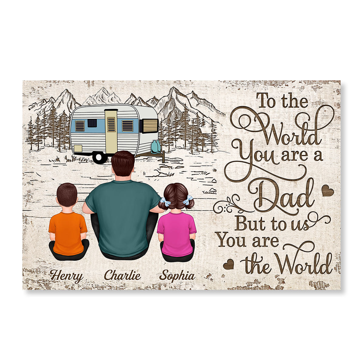 Camping Back View Dad And Kids Dogs Cats Sitting Personalized Horizontal Poster
