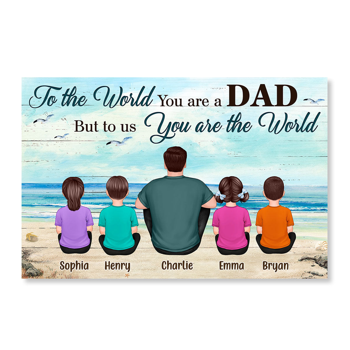 Back View Dad And Kids Dogs Cats Sitting Beach Landscape Gift For Dad Personalized Horizontal Poster