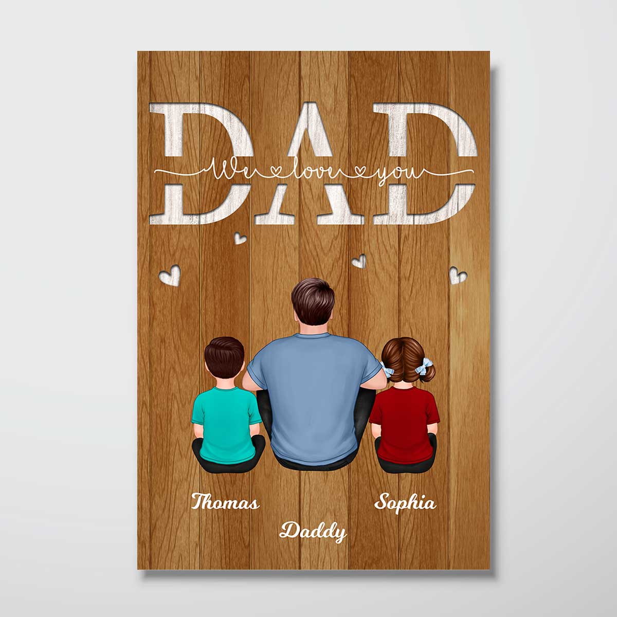 Back View Dad And Kids Dogs Cats Sitting Father‘s Day Gift Personalized Vertical Poster
