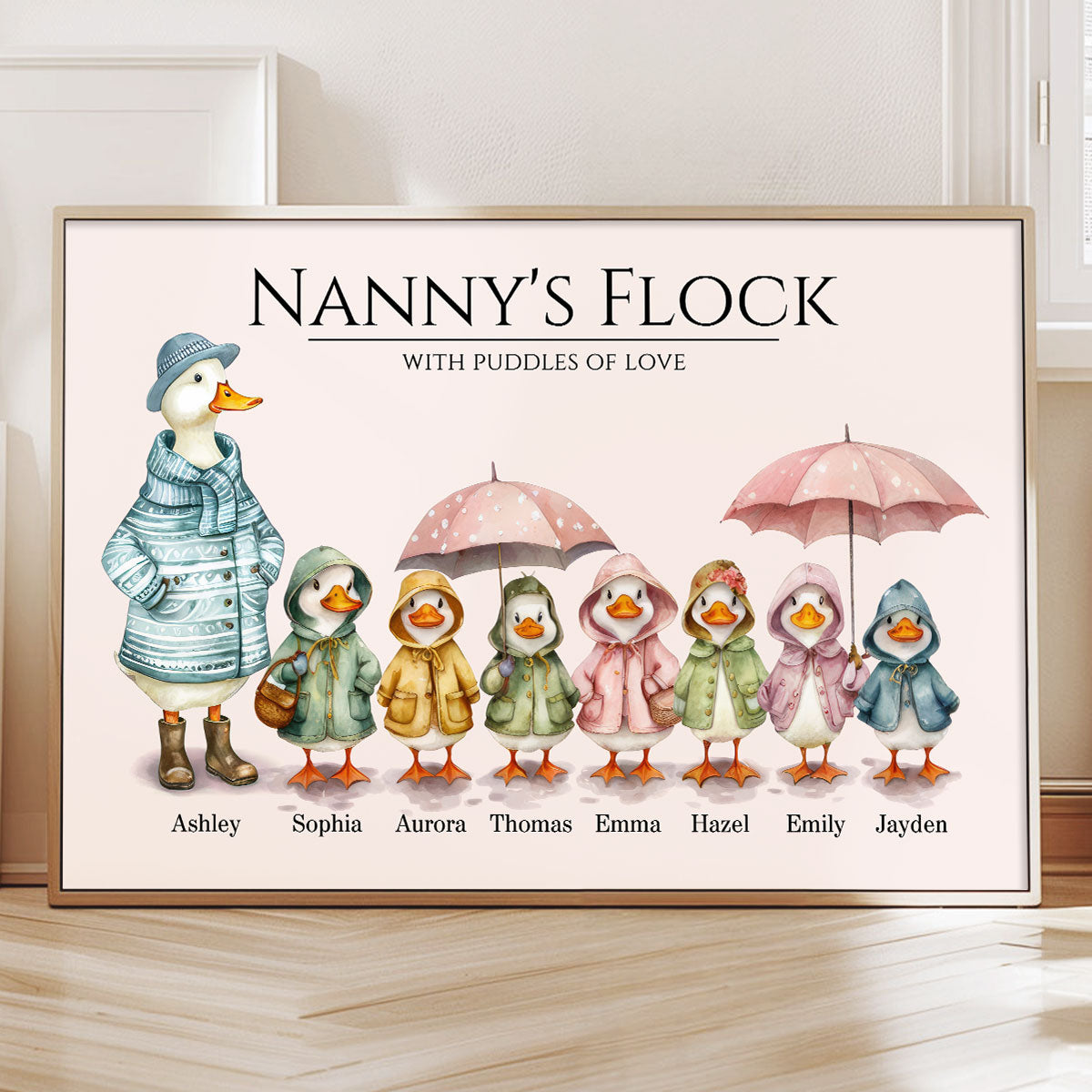 Nanny's Flock Gift For Grandma Nana Grammy Cute Watercolor Ducks Personalised Poster, Mother's Day Gift